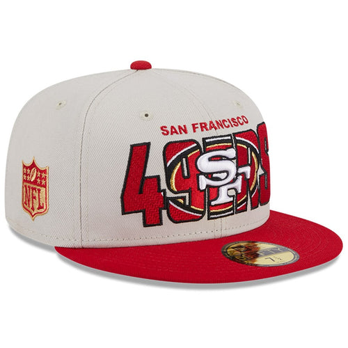 San Francisco 49ers New Era NFL 59FIFTY 5950 Fitted Cap Hat Stone Crown Red Visor Team Color Logo (2023 Draft On Stage)