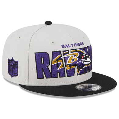 Baltimore Ravens New Era 59FIFTY 5950 Fitted Cap Hat Stone Crown Black Visor Team Color Logo (2023 Draft On Stage)