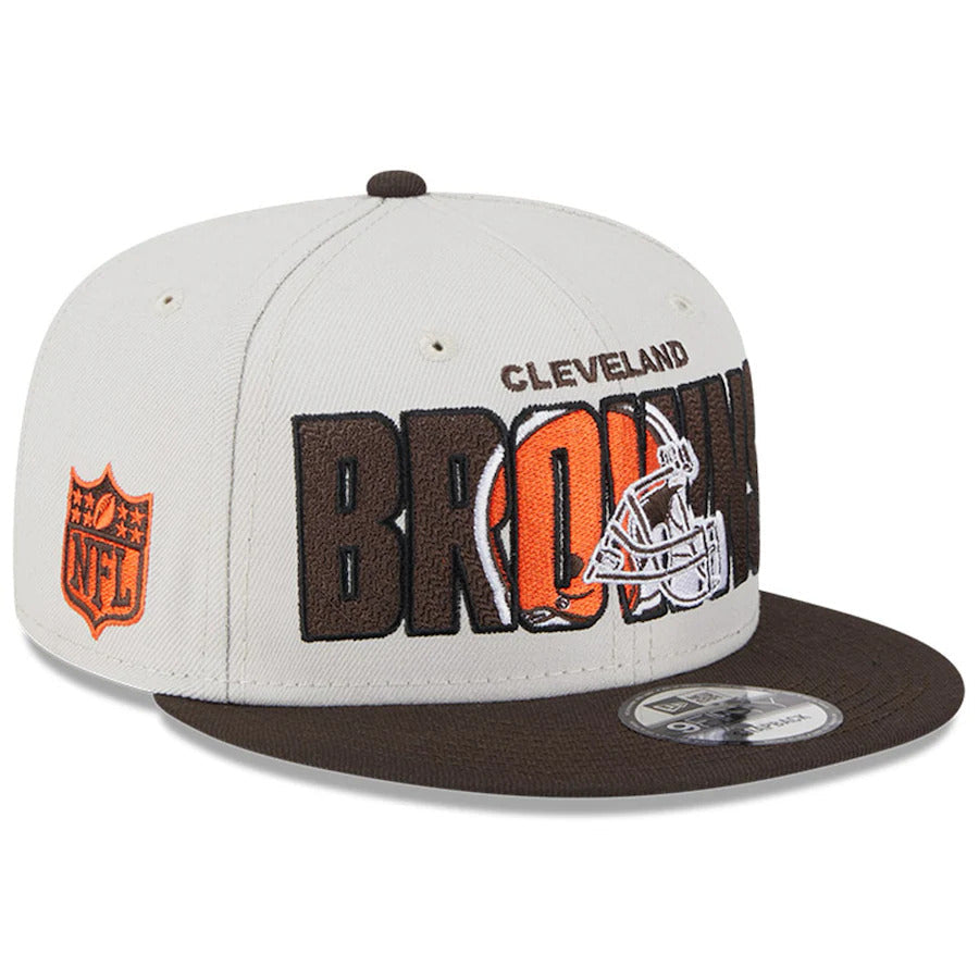 Cleveland Browns New Era NFL 9FIFTY 950 Snapback Cap Hat Stone Crown Brown Visor Team Color Logo (2023 Draft On Stage)