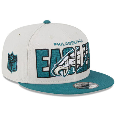 Philadelphia Eagles New Era NFL 9FIFTY 950 Snapback Cap Hat Stone Crown Green Visor Team Color Logo (2023 Draft On Stage)