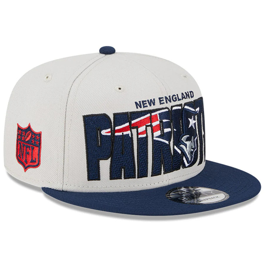 New England Patriots New Era NFL 9FIFTY 950 Snapback Cap Hat Stone Crown Light Navy Blue Visor Team Color Logo (2023 Draft On Stage)