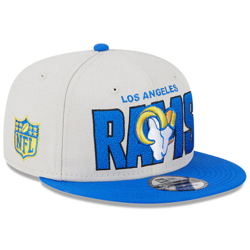 Los Angeles Rams New Era NFL 9FIFTY 950 Snapback Cap Hat Stone Crown Royal Blue Visor Team Color Logo (2023 Draft On Stage)
