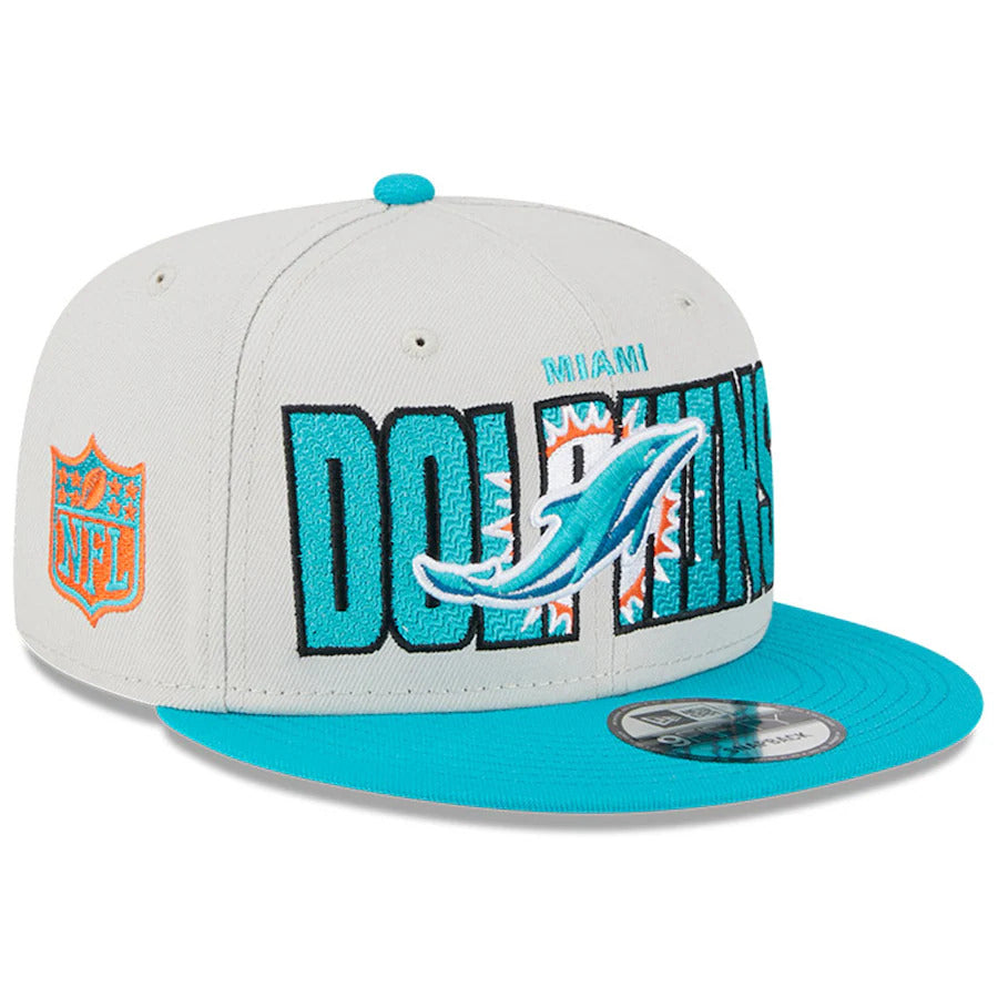 Miami Dolphins New Era NFL 9FIFTY 950 Snapback Cap Hat Stone Crown Aqua Visor Team Color Logo (2023 Draft On Stage)