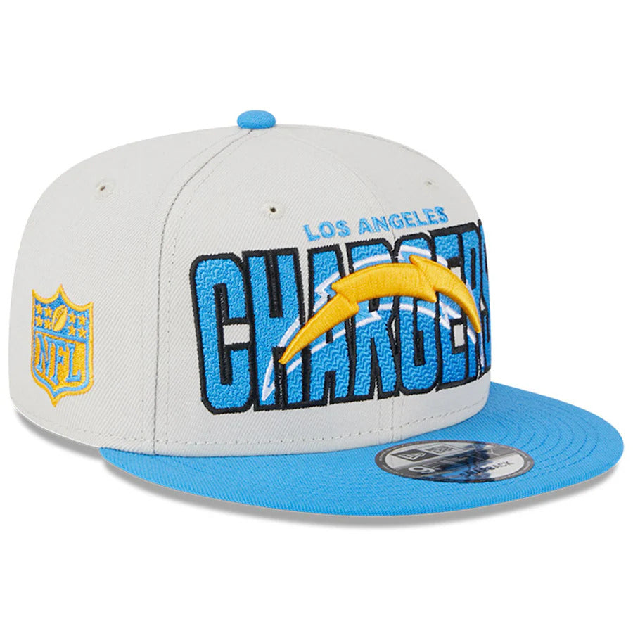 Los Angeles Chargers New Era NFL 9FIFTY 950 Snapback Cap Hat Stone Crown Sky Blue Visor Team Color Logo (2023 Draft On Stage)