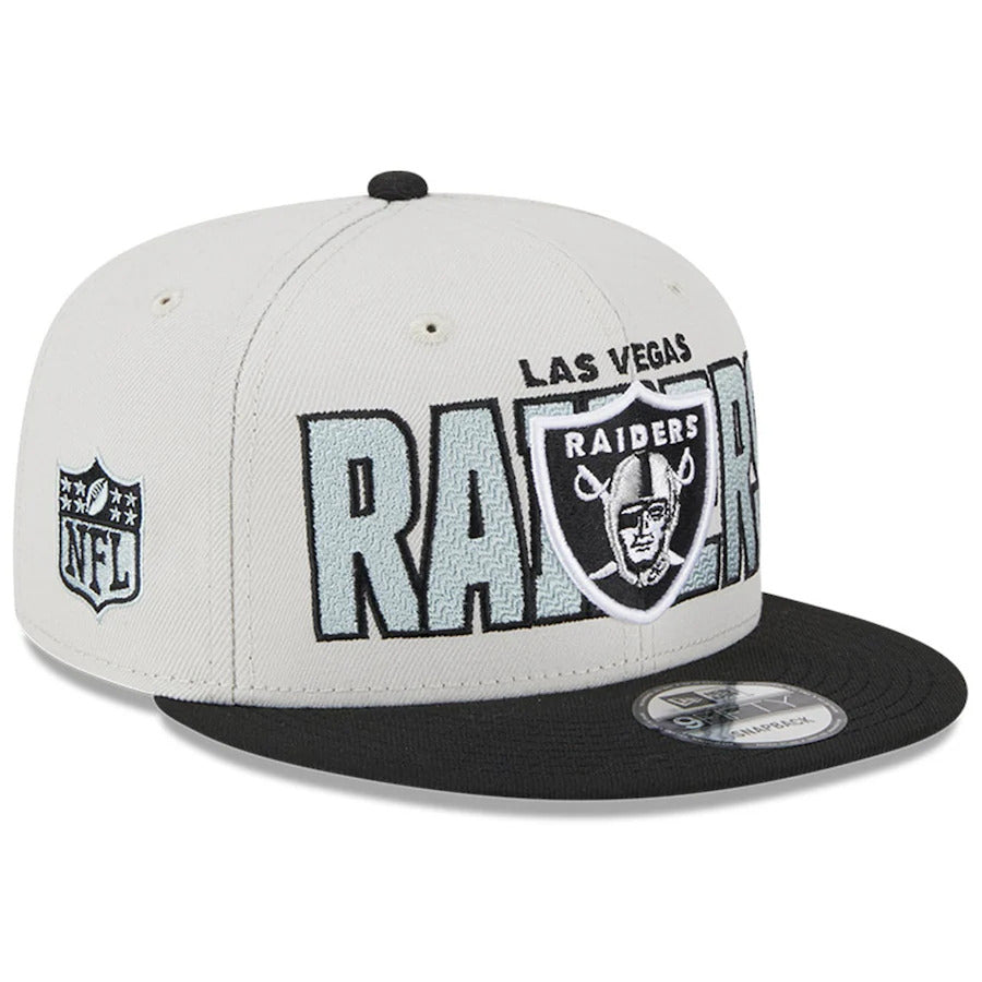 Las Vegas Raiders New Era 9FIFTY 950 Snapback Cap Hat Stone Crown Black Visor Team Color Logo (2023 Draft On Stage)