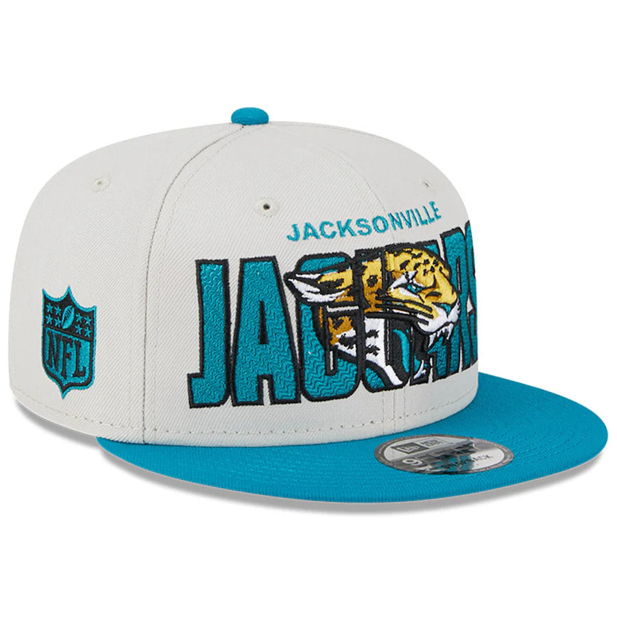 Jacksonville Jaguars New Era NFL 9FIFTY 950 Snapback Cap Hat Stone Crown Turquoise Visor Team Color Logo (2023 Draft On Stage)