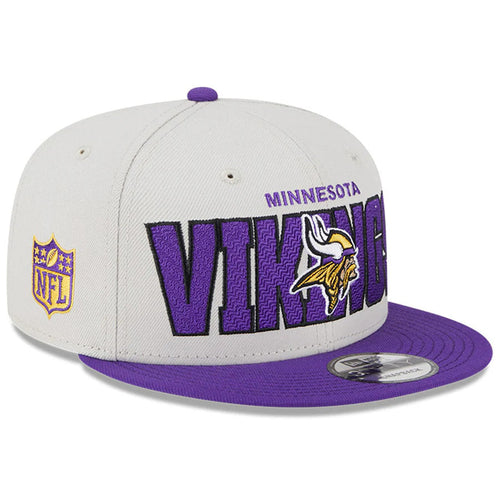 Minnesota Vikings New Era NFL 9FIFTY 950 Snapback Cap Hat Stone Crown Purple Visor Team Color Logo (2023 Draft On Stage)