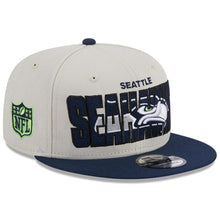 Load image into Gallery viewer, Seattle Seahawks New Era NFL 9FIFTY 950 Snapback Cap Hat Stone Crown Light Navy Blue Visor Team Color Logo (2023 Draft On Stage)
