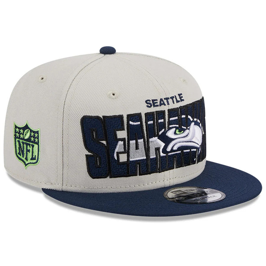 Seattle Seahawks New Era NFL 9FIFTY 950 Snapback Cap Hat Stone Crown Light Navy Blue Visor Team Color Logo (2023 Draft On Stage)