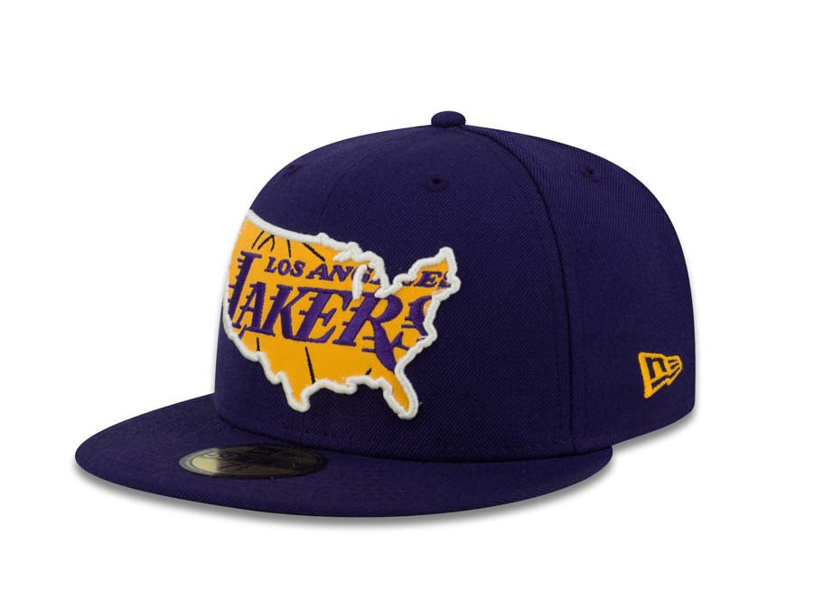 Los Angeles Lakers New Era NBA 59FIFTY 5950 Fitted Cap Hat Purple Crown/Visor Purple/Yellow US Map Logo (Team Insider II)