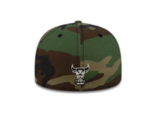Load image into Gallery viewer, Chicago Bulls Mitchell &amp; Ness NBA Fitted Cap Hat Camo Crown/Visor Black/White HWC Logo
