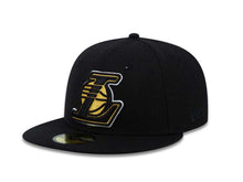 Load image into Gallery viewer, Los Angeles Lakers New Era NBA 59FIFTY 5950 Fitted Cap Hat Black Crown/Visor Black/Metallic Gold &quot;L&quot; Logo
