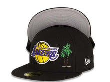 Load image into Gallery viewer, Los Angeles Lakers New Era NBA 59Fifty 5950 Fitted Cap Hat Black Crown/Visor Default Log with Palm Trees Taco Back Logo Gray UV
