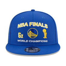 Load image into Gallery viewer, Golden State Warriors New Era NBA 9FIFTY 950 Snapback Cap Hat Royal Blue Crown/Visor Team Color Logo 6x World Champions Patches (Finals Icon)
