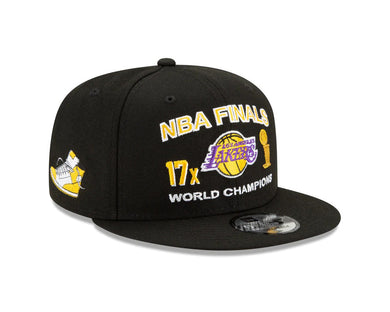 Los Angeles Lakers New Era NBA 9FIFTY 950 Snapback Cap Hat Black Crown/Visor Team Color Logo 17x World Champions Patches (Finals Icon)