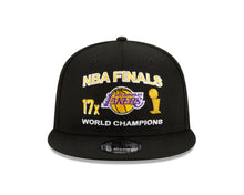 Load image into Gallery viewer, Los Angeles Lakers New Era NBA 9FIFTY 950 Snapback Cap Hat Black Crown/Visor Team Color Logo 17x World Champions Patches (Finals Icon)
