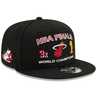 Miami Heat New Era NBA 9FIFTY 950 Snapback Cap Hat Black Crown/Visor Team Color Logo 3x World Champions Patches (Finals Icon)