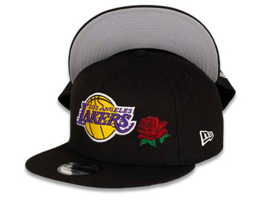 Los Angeles Lakers New Era NBA 9FIFTY 950 Snapback Cap Hat Black Crown/Visor Team Color Logo With Rose