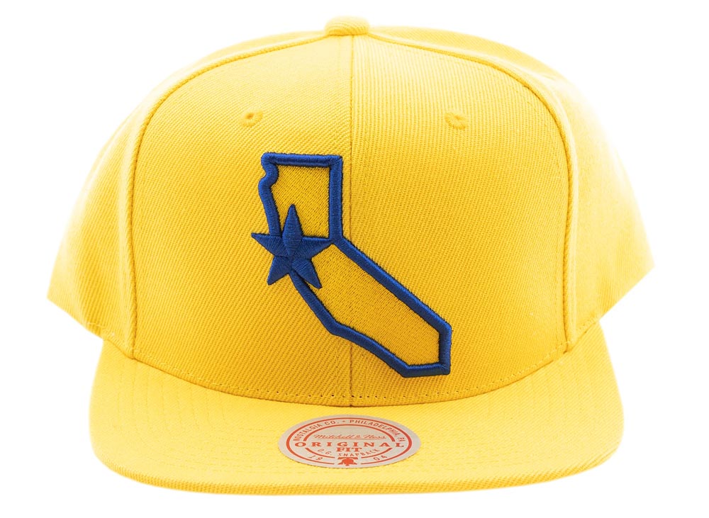 Warriors Mitchell & Ness NBA Original Fit Snapback Cap Hat Yellow Crown/Visor Royal Blue California Map Logo (Logo Remix)