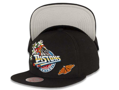 Detroit Pistons Mitchell & Ness NBA Snapback Black Crown/Visor Deafult Logo with Flowers/Butterfly Gray UV (State Flower)