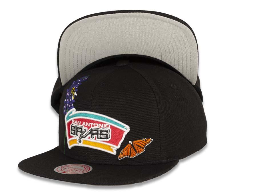 San Antonio Spurs Mitchell & Ness NBA Snapback Black Crown/Visor Deafult Logo with Flowers/Butterfly Gray UV (State Flower)