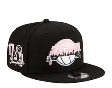 Load image into Gallery viewer, Los Angeles Lakers New Era NBA 9FIFTY 950 Snapback Cap Hat Black Crown/Visor White/Pink Drip Logo 17x Champions Side Patch Pink UV
