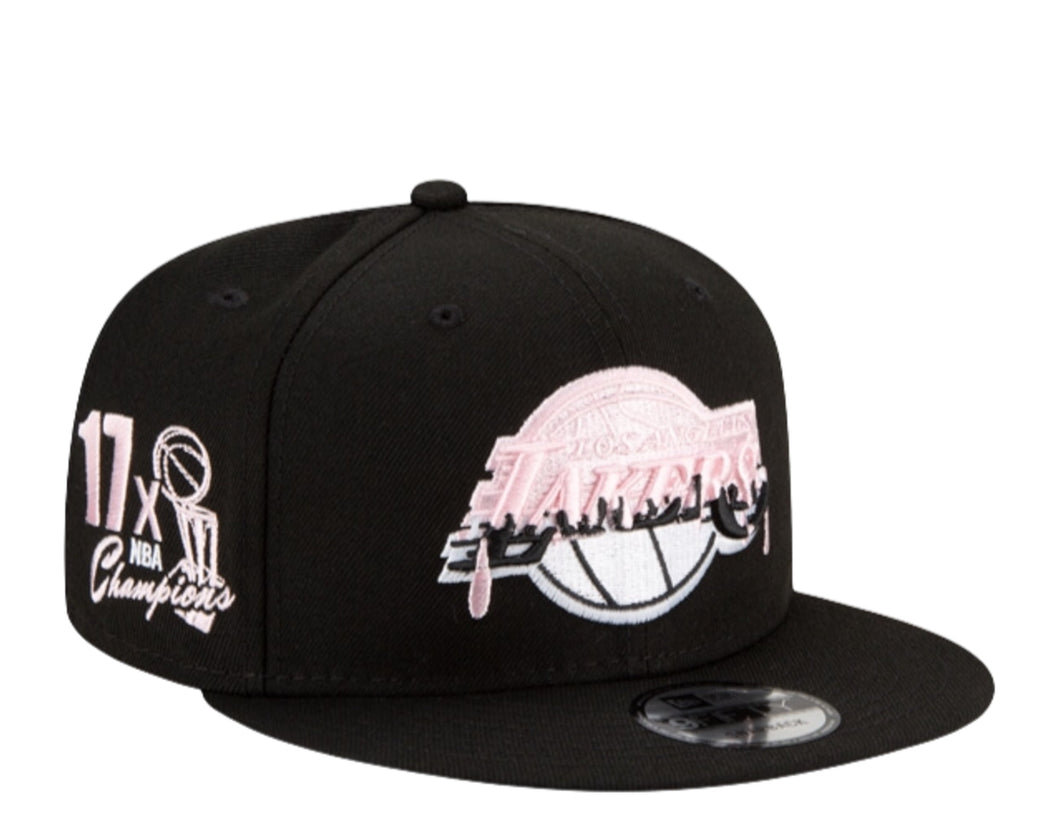 Los Angeles Lakers New Era NBA 9FIFTY 950 Snapback Cap Hat Black Crown/Visor White/Pink Drip Logo 17x Champions Side Patch Pink UV