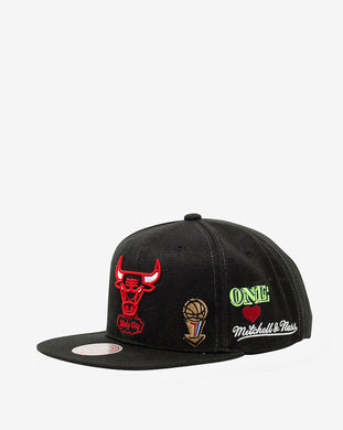 Chicago Bulls Mitchell & Ness NBA Snapback Cap Hat Black Crown/Visor Team Color Logo With Multiple Patches (Hyperlocal)