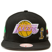 Load image into Gallery viewer, Los Angeles Lakers Mitchell &amp; Ness NBA Snapback Cap Hat Black Crown/Visor Purple/Yellow Logo With Multiple Patches (Hyperlocal)
