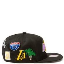 Load image into Gallery viewer, Los Angeles Lakers Mitchell &amp; Ness NBA Snapback Cap Hat Black Crown/Visor Purple/Yellow Logo With Multiple Patches (Hyperlocal)
