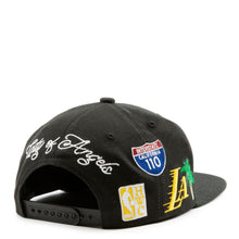 Load image into Gallery viewer, Los Angeles Lakers Mitchell &amp; Ness NBA Snapback Cap Hat Black Crown/Visor Purple/Yellow Logo With Multiple Patches (Hyperlocal)

