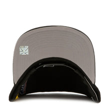 Load image into Gallery viewer, Los Angeles Lakers Mitchell &amp; Ness NBA Snapback Cap Hat Black Crown/Visor Purple/Yellow Logo With Multiple Patches (Hyperlocal)
