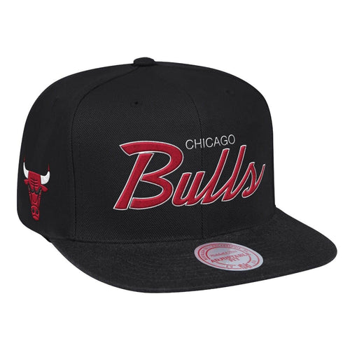 Chicago Bulls Mitchell & Ness NBA Snapback Cap Hat Black  Crown/Visor Team Color Satin Script Logo Team Logo Side Patch