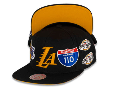 Los Angeles Lakers Mitchell & Ness NBA Snapback Cap Hat Black Crown/Visor Team Color Logo The Finals/Interstate Logo/Palm Tree Patches