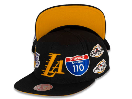 Los Angeles Lakers Mitchell & Ness NBA Snapback Cap Hat Black Crown/Visor Team Color Logo The Finals/Interstate Logo/Palm Tree Patches