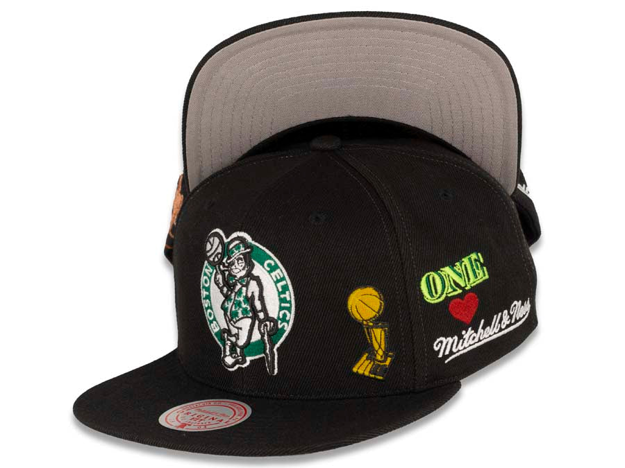 Boston Celtics Mitchell & Ness NBA Snapback Cap Hat Black Crown/Visor Team Color HWC Logo With Multiple Patches (Hyperlocal)