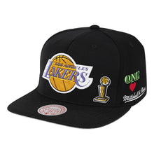 Load image into Gallery viewer, Los Angeles Lakers Mitchell &amp; Ness NBA Core Classic Snapback Cap Hat Black Crown/Visor Team Color HWC Logo With Multiple Patches (Hyperlocal)
