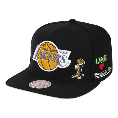 Los Angeles Lakers Mitchell & Ness NBA Core Classic Snapback Cap Hat Black Crown/Visor Team Color HWC Logo With Multiple Patches (Hyperlocal)
