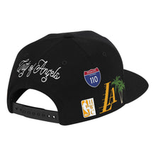Load image into Gallery viewer, Los Angeles Lakers Mitchell &amp; Ness NBA Core Classic Snapback Cap Hat Black Crown/Visor Team Color HWC Logo With Multiple Patches (Hyperlocal)

