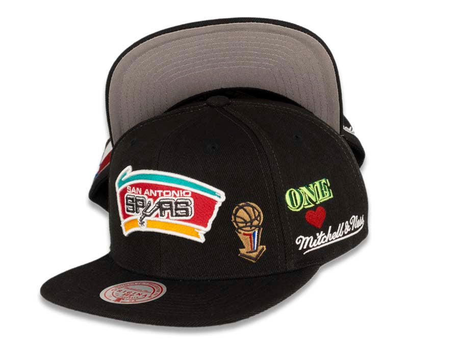 San Antonio Spurs Mitchell & Ness NBA Snapback Cap Hat Black Crown/Visor Team Color HWC Logo With Multiple Patches (Hyperlocal)