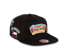 Load image into Gallery viewer, San Antonio Spurs Mitchell &amp; Ness NBA Snapback Cap Hat Black Crown/Visor Team Color HWC Logo With Multiple Patches (Hyperlocal)
