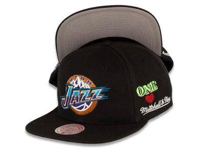 Utah Jazz Mitchell & Ness NBA Snapback Cap Hat Black Crown/Visor Team Color HWC Logo With Multiple Patches (Hyperlocal)