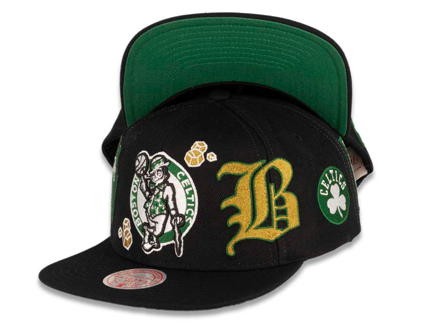Boston Celtics Mitchell & Ness NBA Snapback Cap Hat Black Crown/Visor Team Color Logo With Multiple Patches (My City)