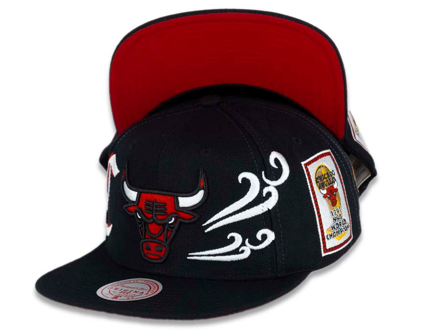 Chicago Bulls Mitchell & Ness NBA Snapback Cap Hat Black Crown/Visor Team Color Logo With Multiple Patches (My City)