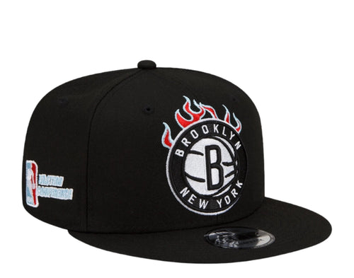 Brooklyn Nets New Era NBA 9FIFTY 950 Snapback Cap Hat Black Crown/Visor White With Flames Logo Sky Blue UV (Team Fire)