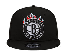 Load image into Gallery viewer, Brooklyn Nets New Era NBA 9FIFTY 950 Snapback Cap Hat Black Crown/Visor White With Flames Logo Sky Blue UV (Team Fire)
