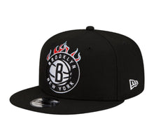 Load image into Gallery viewer, Brooklyn Nets New Era NBA 9FIFTY 950 Snapback Cap Hat Black Crown/Visor White With Flames Logo Sky Blue UV (Team Fire)
