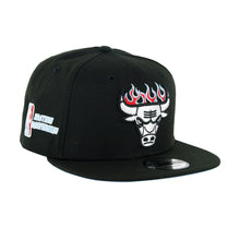 Load image into Gallery viewer, Chicago Bulls New Era NBA 9FIFTY 950 Snapback Cap Hat Black Crown/Visor White With Flames Logo Sky Blur UV (Team Fire)
