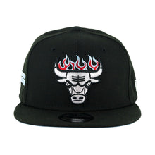 Load image into Gallery viewer, Chicago Bulls New Era NBA 9FIFTY 950 Snapback Cap Hat Black Crown/Visor White With Flames Logo Sky Blur UV (Team Fire)
