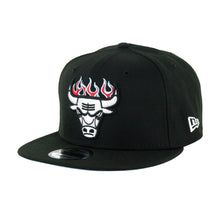 Load image into Gallery viewer, Chicago Bulls New Era NBA 9FIFTY 950 Snapback Cap Hat Black Crown/Visor White With Flames Logo Sky Blur UV (Team Fire)
